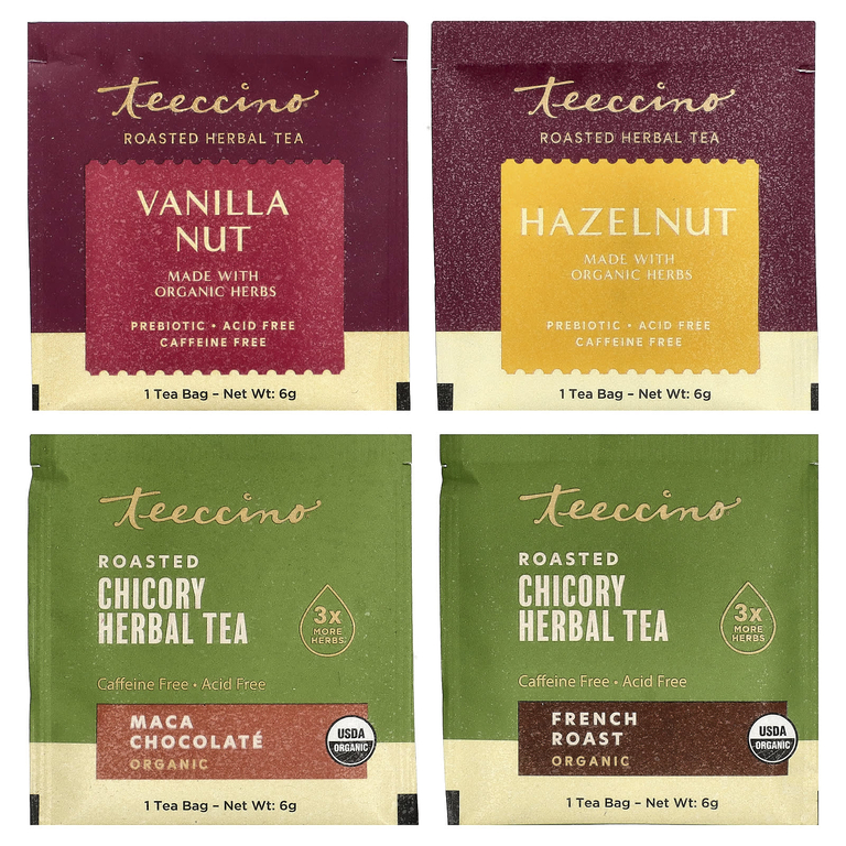 Teeccino, набор чая из обжаренных трав, 4 вкуса, без кофеина, 12 чайных пакетиков, 72 г (2,54 унции)