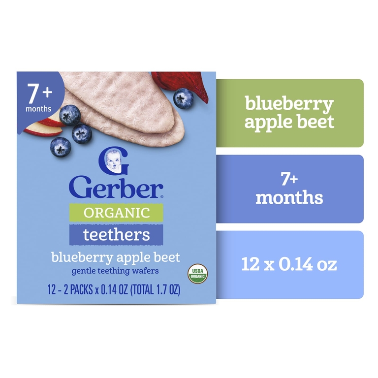 Gerber, органические прорезыватели, вафли для нежного прорезывания зубов, для детей от 7 месяцев, голубика, яблоко и свёкла, 12 пакетиков по 2 шт. в индивидуальной упаковке по 4 г (0,14 унции)