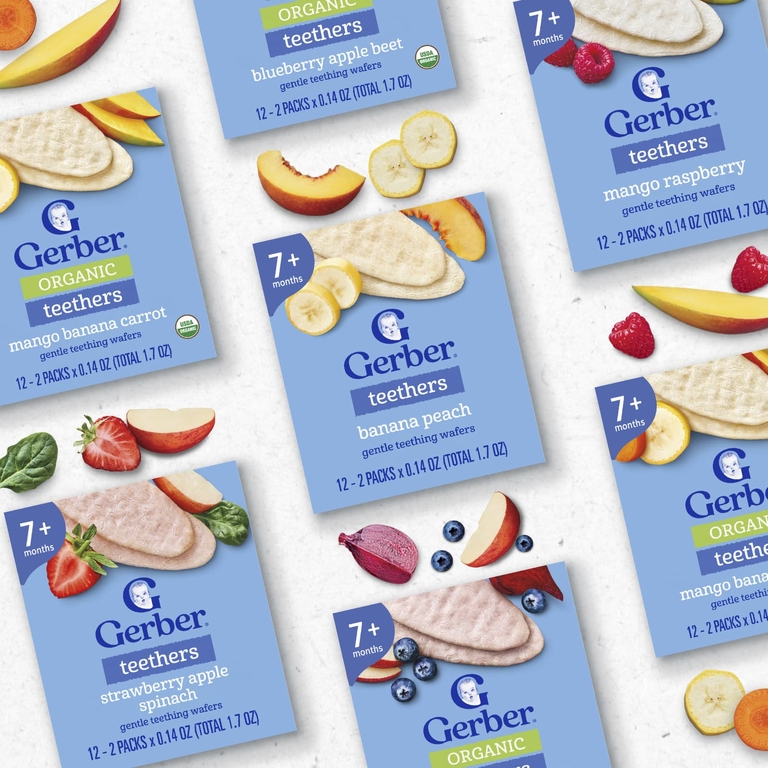 Gerber, органические прорезыватели, вафли для нежного прорезывания зубов, для детей от 7 месяцев, голубика, яблоко и свёкла, 12 пакетиков по 2 шт. в индивидуальной упаковке по 4 г (0,14 унции)