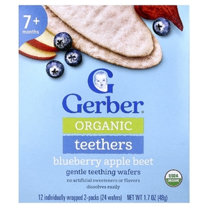 Gerber, органические прорезыватели, вафли для нежного прорезывания зубов, для детей от 7 месяцев, голубика, яблоко и свёкла, 12 пакетиков по 2 шт. в индивидуальной упаковке по 4 г (0,14 унции)
