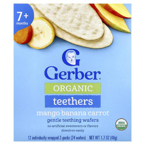 Gerber, органические прорезыватели, вафли для нежного прорезывания зубов, для детей от 7 месяцев, манго, банан и морковь, 12 пакетиков по 2 шт. в индивидуальной упаковке по 4 г (0,14 унции)