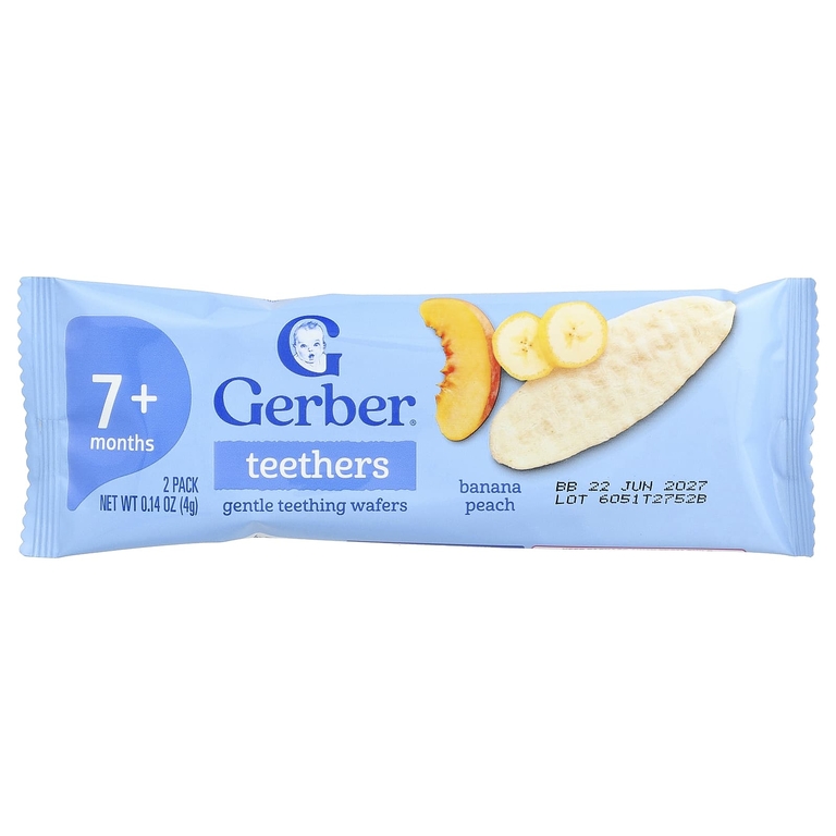Gerber, вафли для прорезывания зубов, для детей от 7 месяцев, банан и персик, 12 пакетиков по 4 г (0,14 унции), по 2 вафли в пакетике