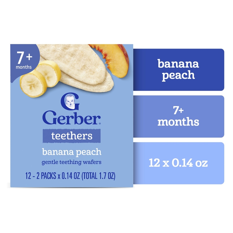 Gerber, вафли для прорезывания зубов, для детей от 7 месяцев, банан и персик, 12 пакетиков по 4 г (0,14 унции), по 2 вафли в пакетике