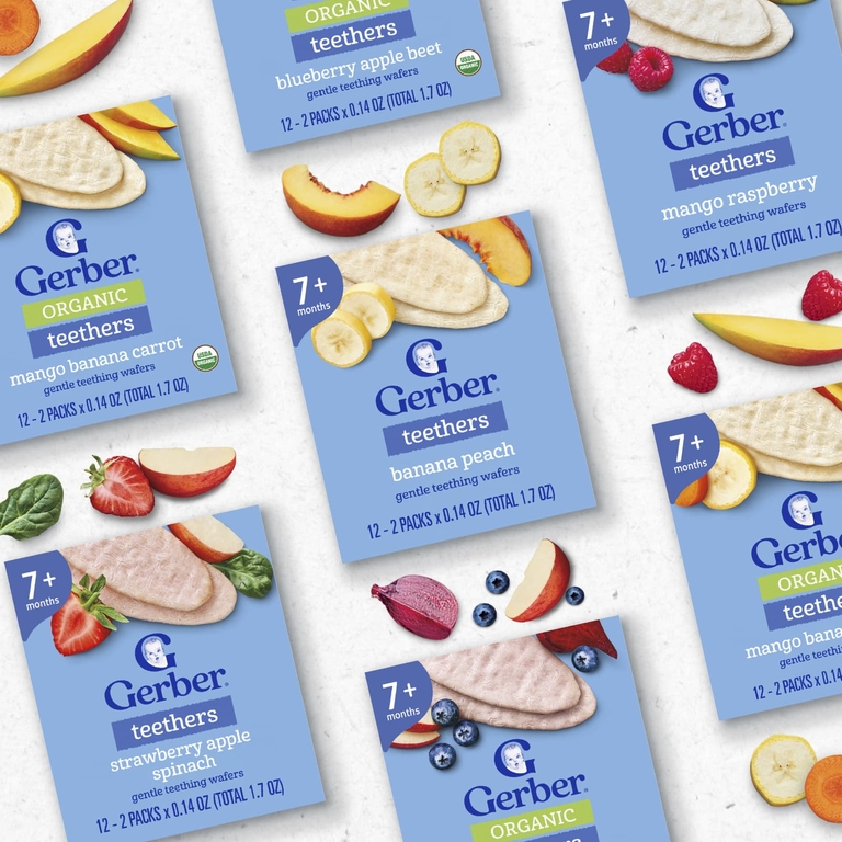 Gerber, вафли для прорезывания зубов, для детей от 7 месяцев, банан и персик, 12 пакетиков по 4 г (0,14 унции), по 2 вафли в пакетике