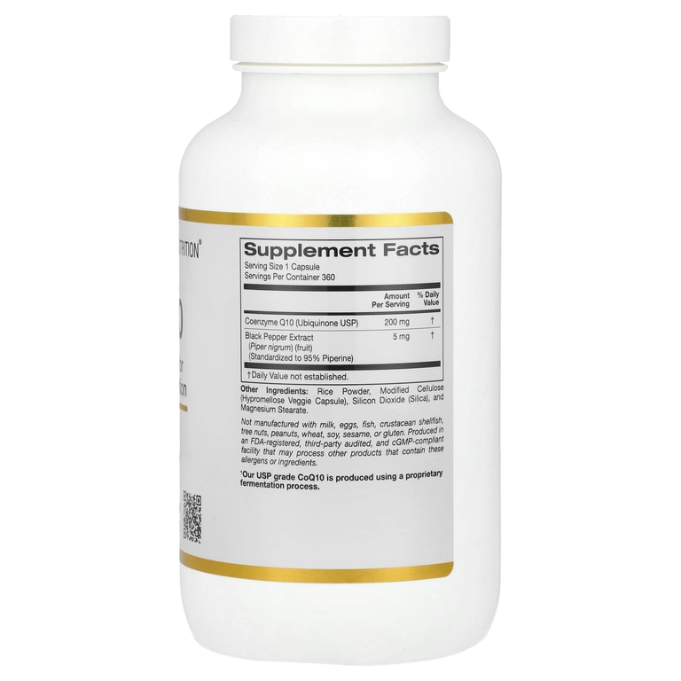 California Gold Nutrition, коэнзим Q10 с экстрактом чёрного перца Bioperine®, 200 мг, 360 растительных капсул