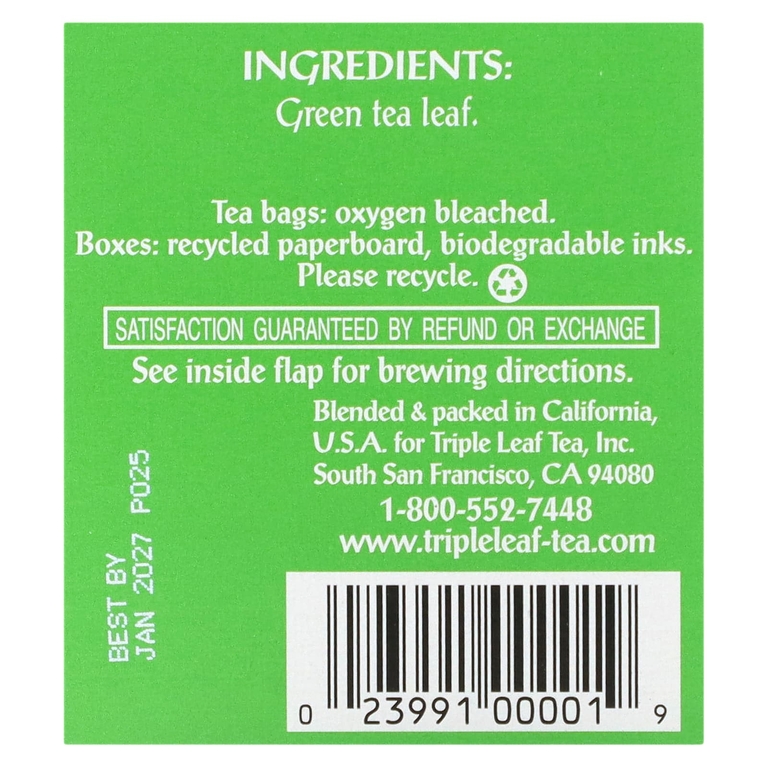 Triple Leaf Tea, зеленый чай, 20 чайных пакетиков, 38 г (1,34 унции) (Товар снят с продажи) 