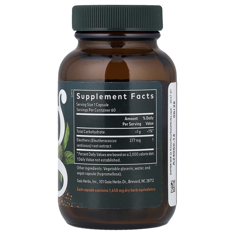 Gaia Herbs, корень элеутерококка, 60 капсул с жидким содержимым (277 мг в 1 капсуле)