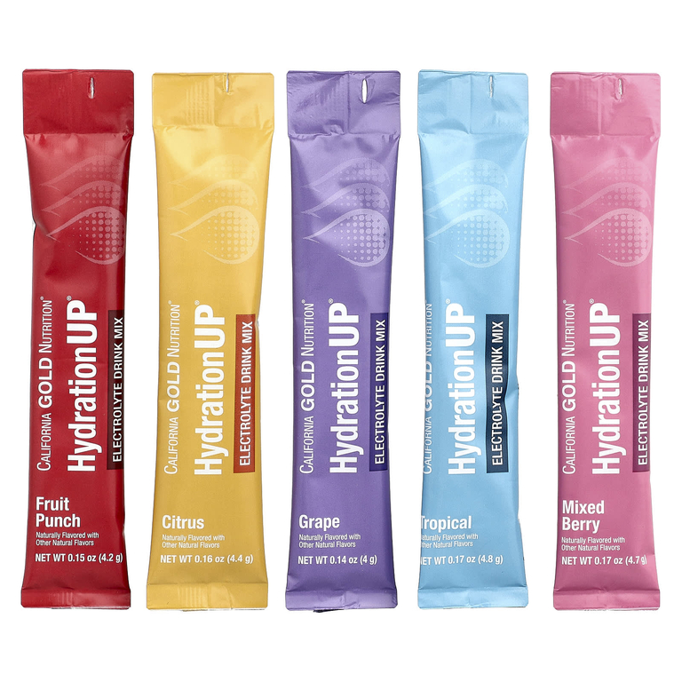 California Gold Nutrition, HydrationUP®, смесь для приготовления напитка с электролитами, с лактатом кальция, витаминами C и E, ассорти вкусов, 20 пакетиков по 4–4,8 г (0,14–0,17 унции)
