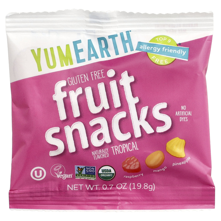YumEarth, фруктовые снеки без глютена, со вкусом тропических фруктов, 10 упаковок по 19,8 г (0,7 унции)