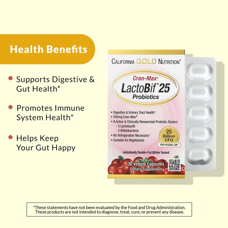 California Gold Nutrition, CranMax®, LactoBif®, пробиотики, 25 млрд КОЕ, 30 растительных капсул