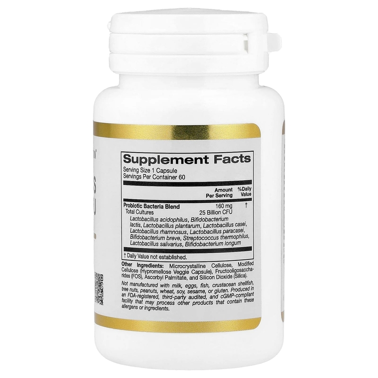 California Gold Nutrition, пробиотики с ацидофильными лактобактериями, бифидобактериями лактис, лактобактериями плантарум и лактобактериями казеи, смесь из 10 штаммов, 25 млрд КОЕ, 60 вегетарианских капсул