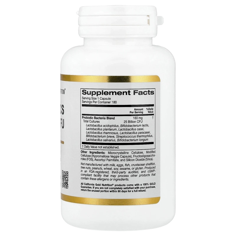California Gold Nutrition, пробиотики с ацидофильными лактобактериями, бифидобактериями лактис, лактобактериями плантарум и лактобактериями казеи, смесь из 10 штаммов, 25 млрд КОЕ, 180 вегетарианских капсул