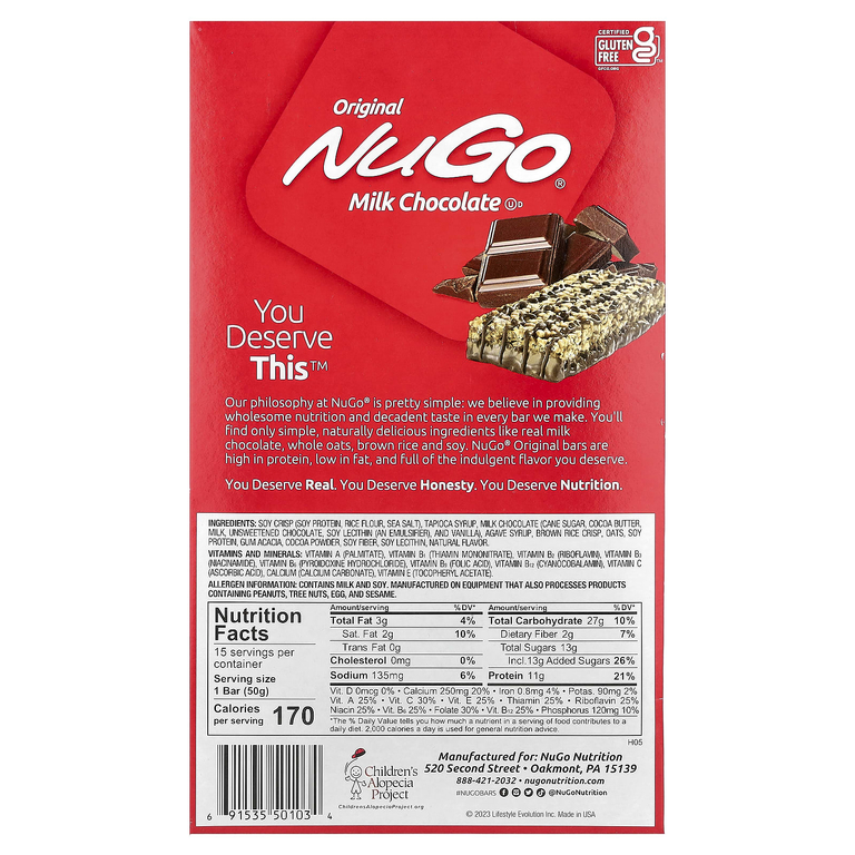 NuGo Nutrition, оригинальный протеиновый батончик, молочный шоколад, 15 батончиков по 50 г (1,76 унции)