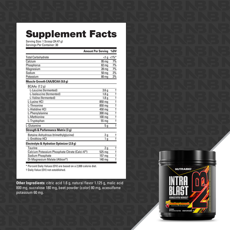 NutraBio, Intra Blast, усовершенствованная добавка для тренировок, со вкусом клубничного лимонада, 734 г (1,61 фунта)
