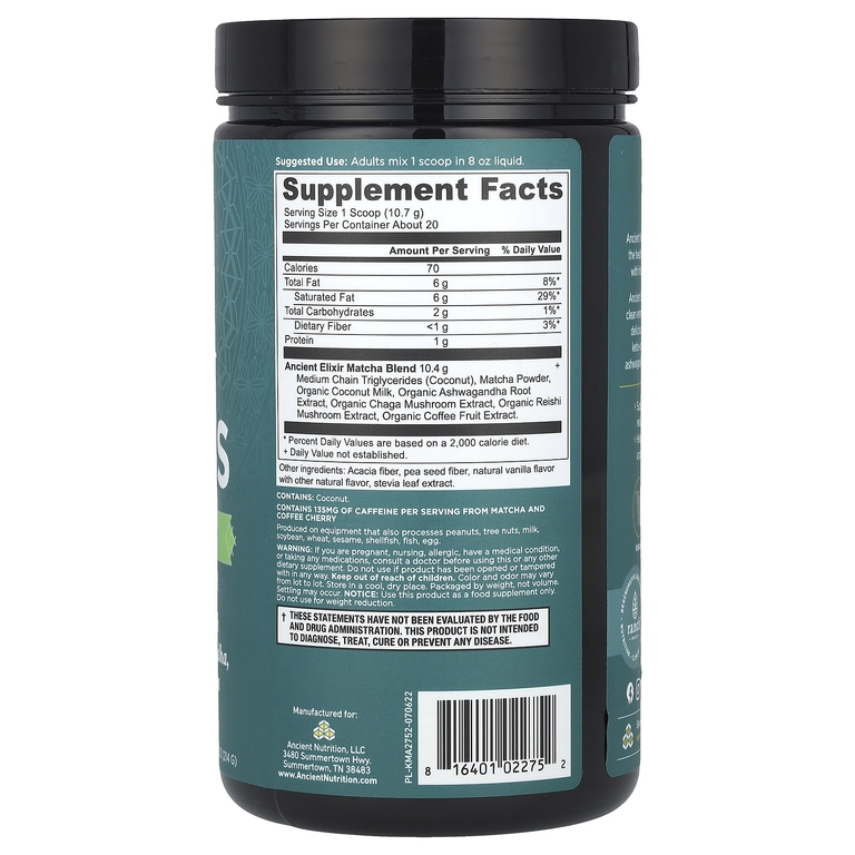 Ancient Nutrition, Ancient Elixirs, суперфуд матча, 214 г (7,5 унции)