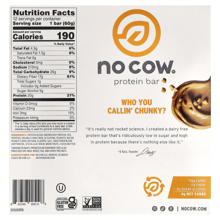 No Cow, протеиновый батончик, с кусочками арахисовой пасты, 12 батончиков по 60 г (2,12 унции)