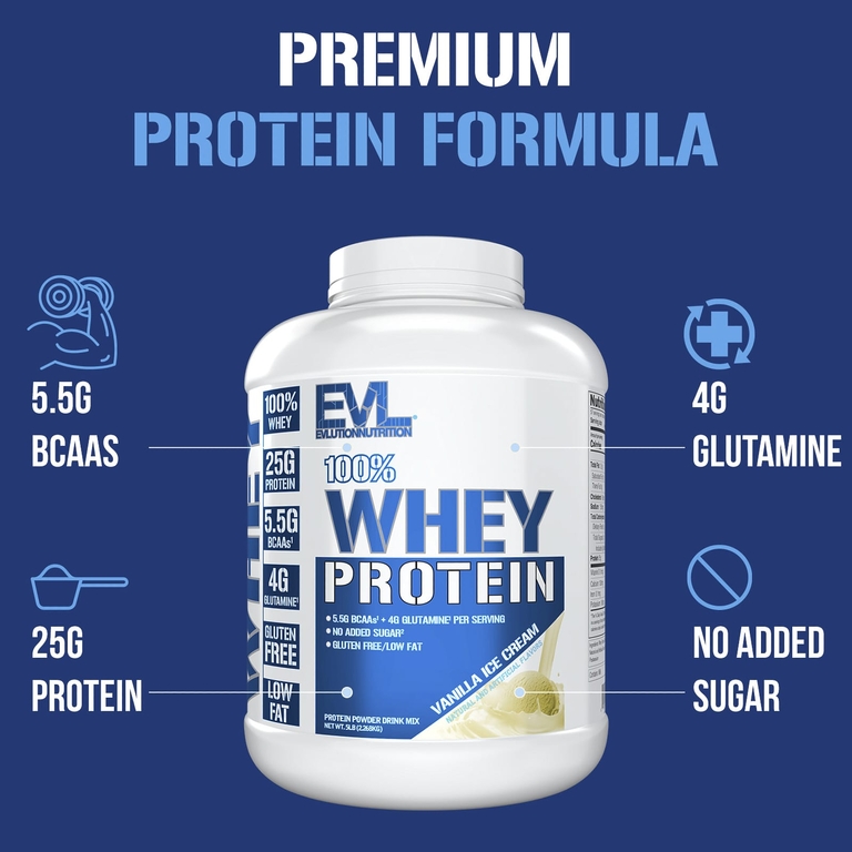 EVLution Nutrition, 100% сывороточный протеин, ванильное мороженое, 2,268 кг (5 фунтов)