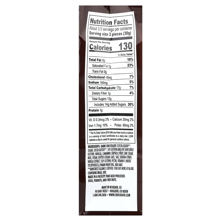 Chocolove, кусочки темного шоколада, соленая карамель, 55% какао, 100 г (3,5 унции)