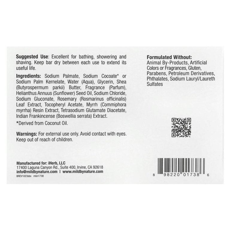 Mild By Nature, кусковое мыло с сырым маслом ши, с витамином E, розмарином, миррой и ладаном, 141 г (5 унций)