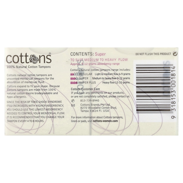 Cottons, Тампоны из 100% натурального хлопка, супер, без запаха, 16 тампонов