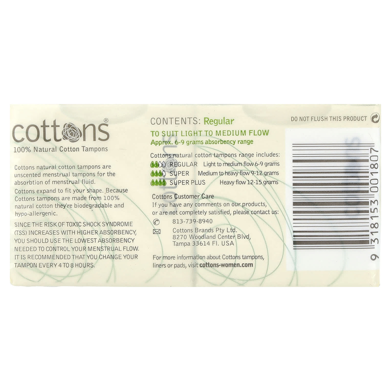 Cottons, Тампоны из 100% натурального хлопка, обычные, без запаха, 16 тампонов