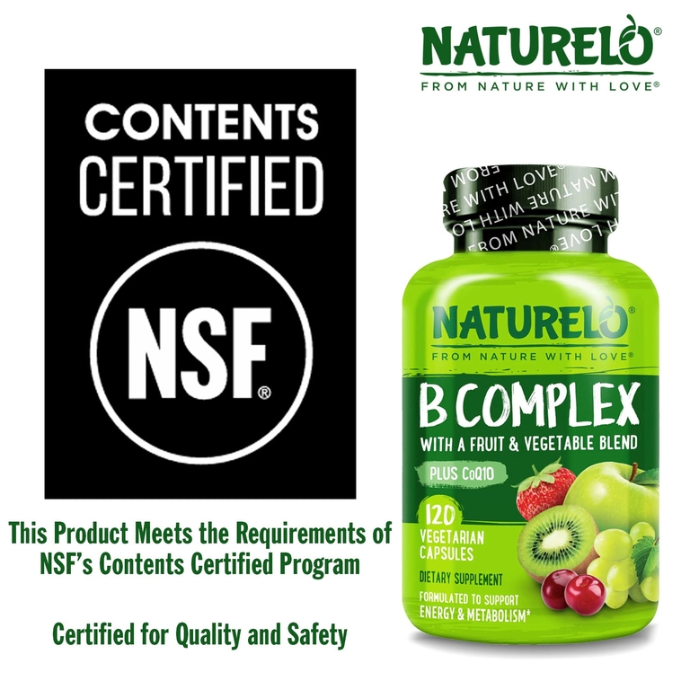 NATURELO, комплекс витаминов группы B со смесью фруктов и овощей, с коэнзимом Q10, 120 вегетарианских капсул